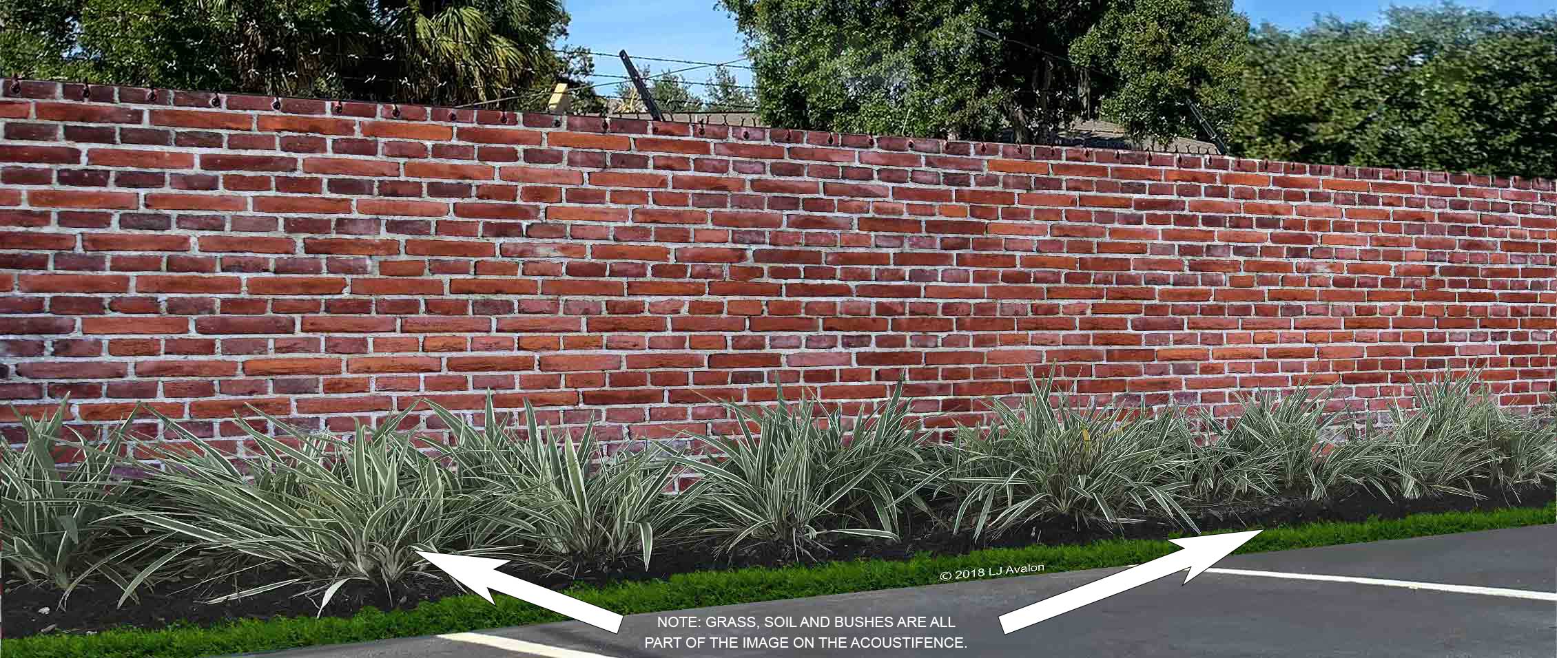 AFBrickWallBKPlants-wArrows Acoustifence-Noise Reducing Fences
